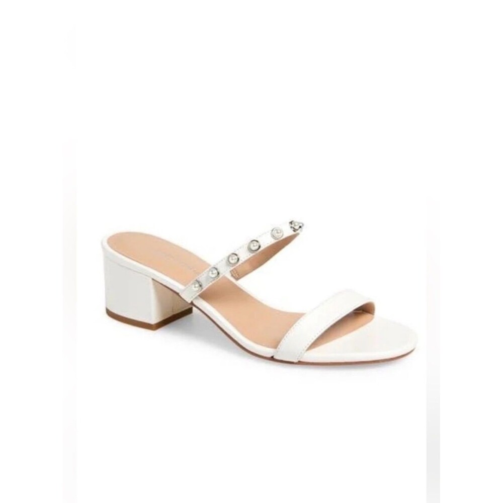 New Stuart Weitzman Pearly Strap Block Slide 50 Sandal in White Size 8